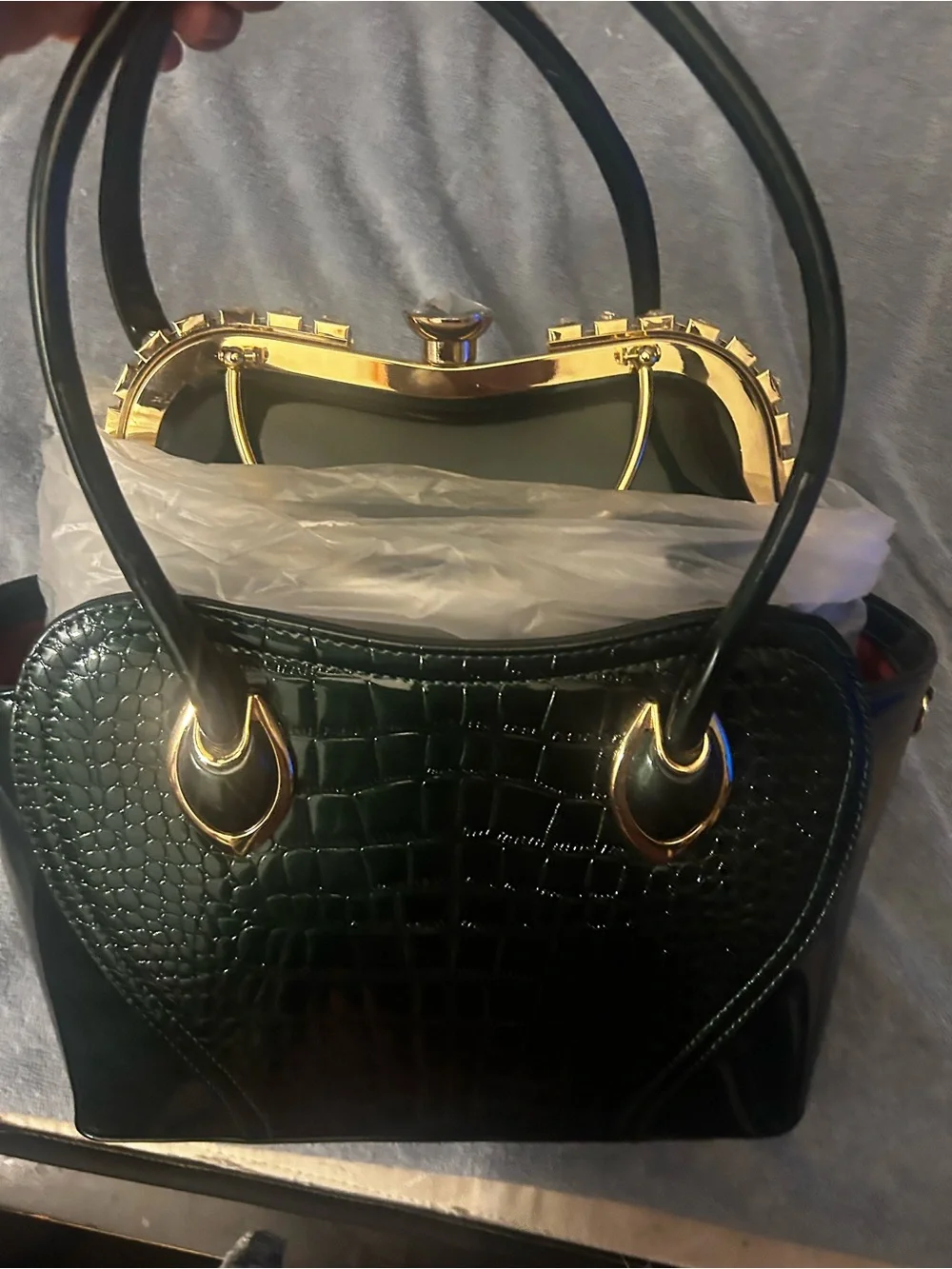 Classic Croc-Embossed Green Top-Handle Bag with Gold Hardware